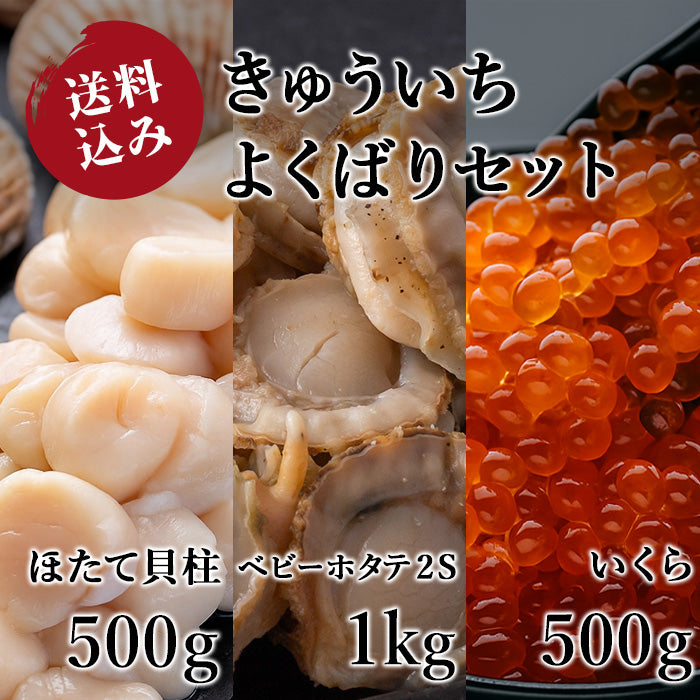 【送料込み】きゅういちよくばりセット　ほたて貝柱×1  ベビーホタテ(2L)×1  いくら×2